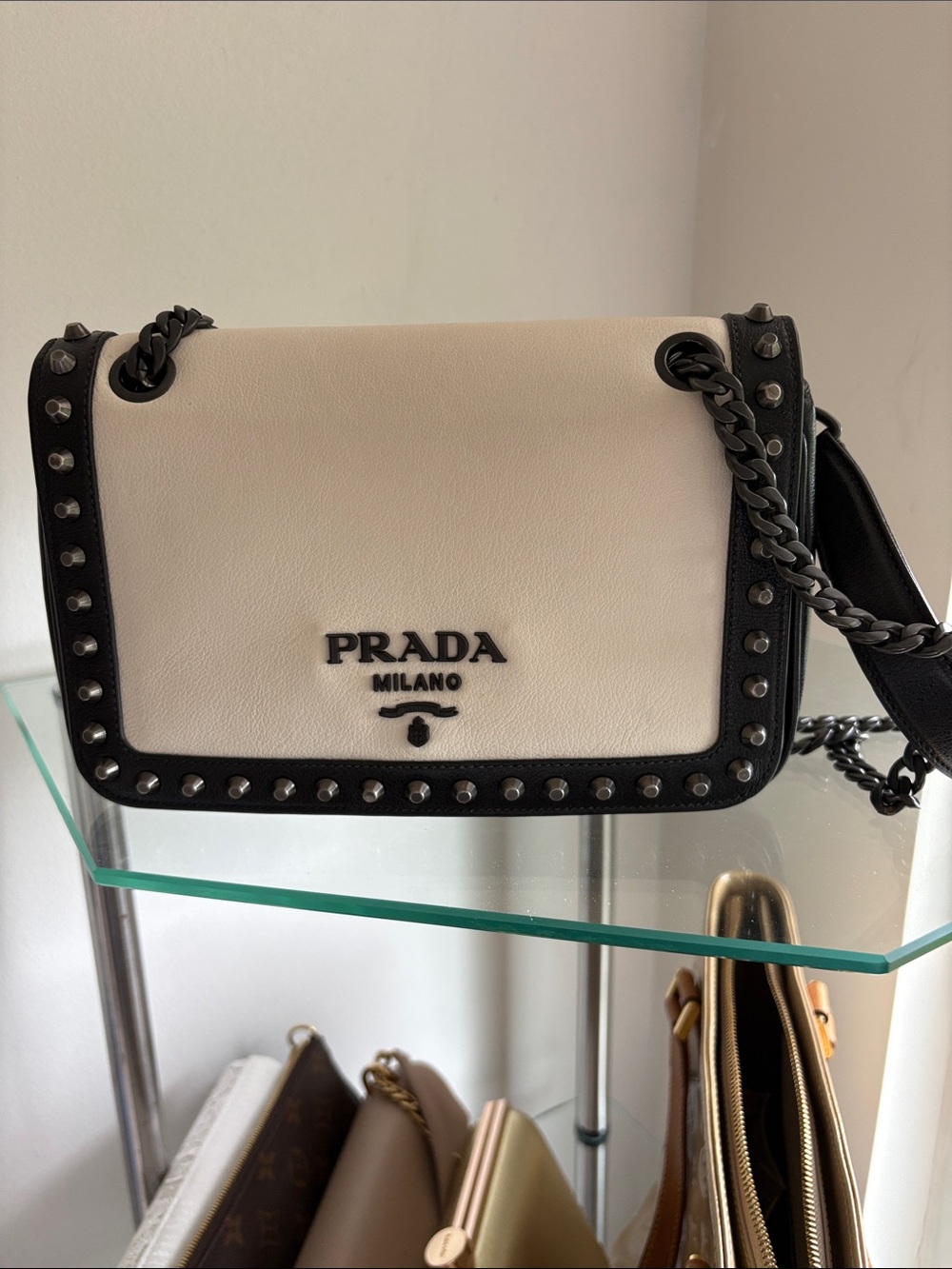 Prada White & Black Studded Leather Shoulder Bag